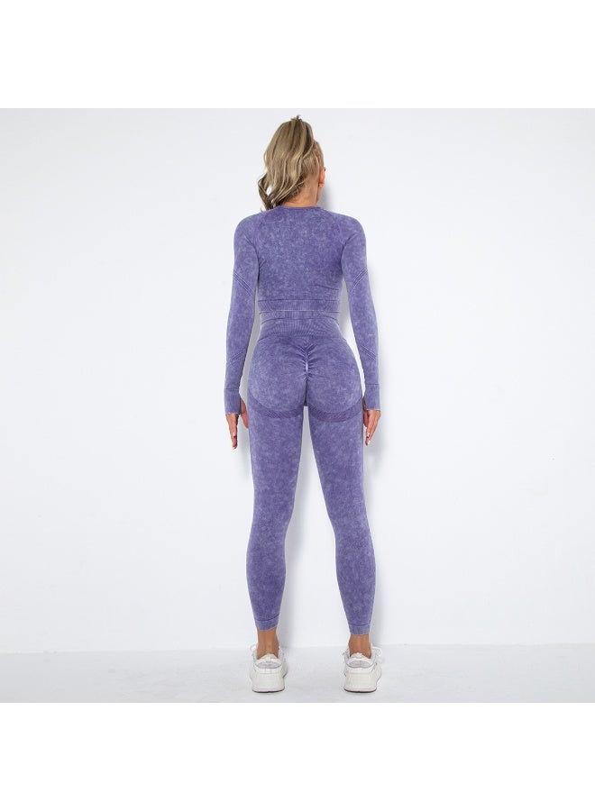 Seamless Washed Yoga Set Sports Fitness Workout High Waist Peach Hip-lifting Pants Long-Sleeved Suits Gym Leggings Set for Women - Image 4