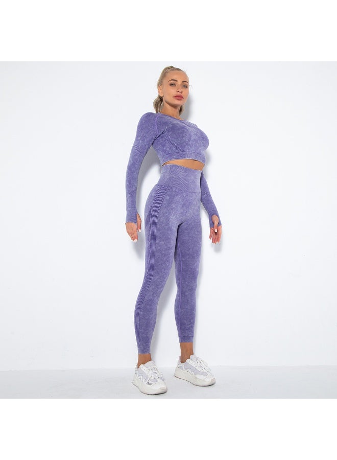 Seamless Washed Yoga Set Sports Fitness Workout High Waist Peach Hip-lifting Pants Long-Sleeved Suits Gym Leggings Set for Women - Image 2