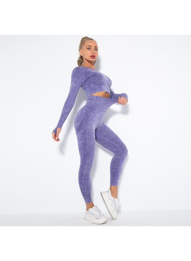 Seamless Washed Yoga Set Sports Fitness Workout High Waist Peach Hip-lifting Pants Long-Sleeved Suits Gym Leggings Set for Women - Image 1