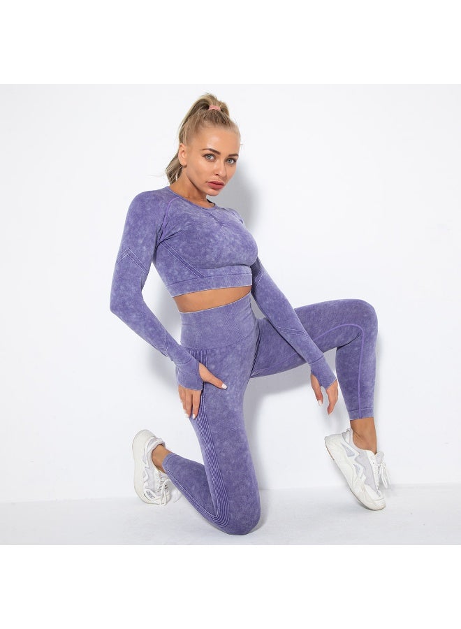 Seamless Washed Yoga Set Sports Fitness Workout High Waist Peach Hip-lifting Pants Long-Sleeved Suits Gym Leggings Set for Women - Image 5