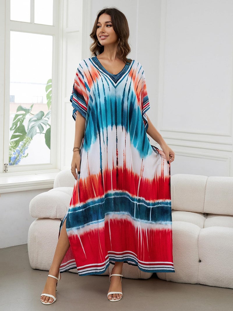 IMAGEKOPE Women's Plus Size Loose Fit Moroccan Print V-Neck Batwing Kaftan Beach Dress Bathing Suit Cover Up - Image 4