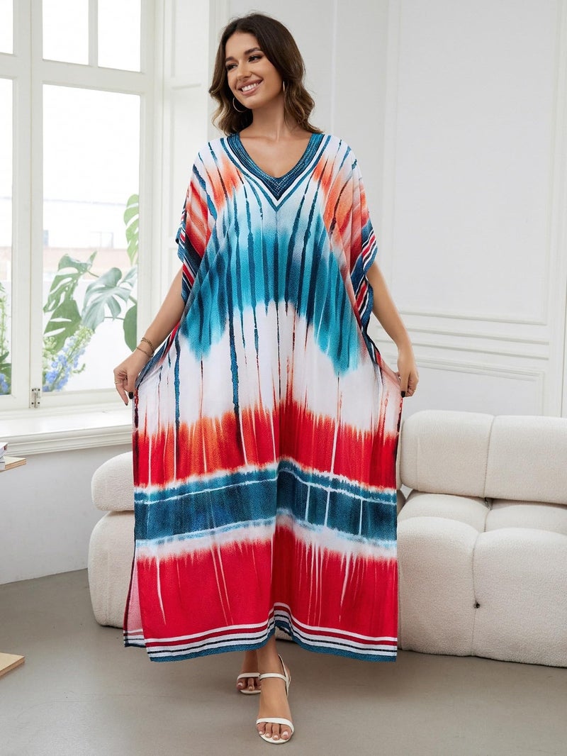 IMAGEKOPE Women's Plus Size Loose Fit Moroccan Print V-Neck Batwing Kaftan Beach Dress Bathing Suit Cover Up - Image 2