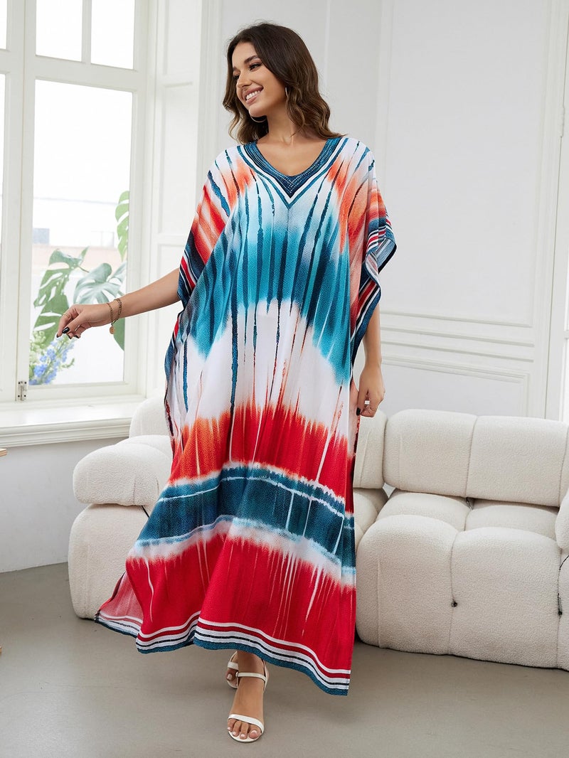 IMAGEKOPE Women's Plus Size Loose Fit Moroccan Print V-Neck Batwing Kaftan Beach Dress Bathing Suit Cover Up - Image 3