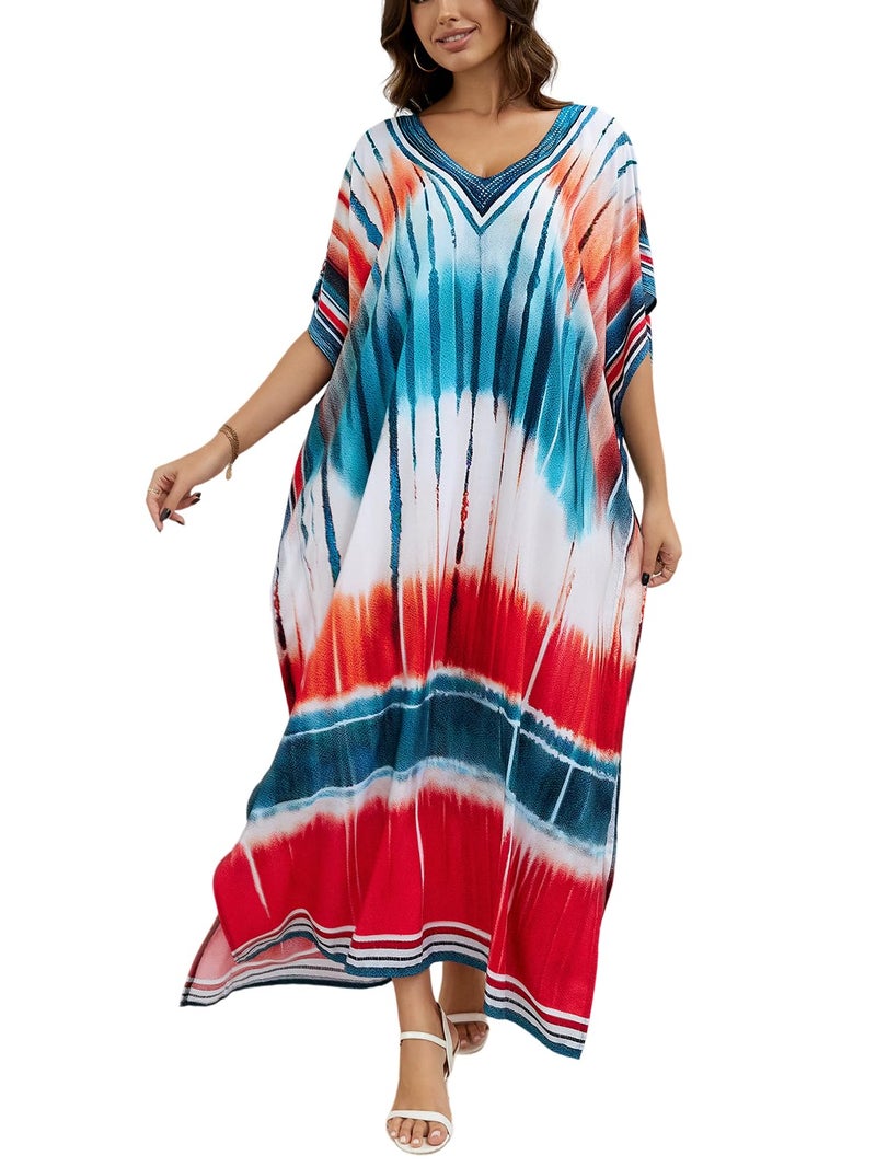 IMAGEKOPE Women's Plus Size Loose Fit Moroccan Print V-Neck Batwing Kaftan Beach Dress Bathing Suit Cover Up - Image 1