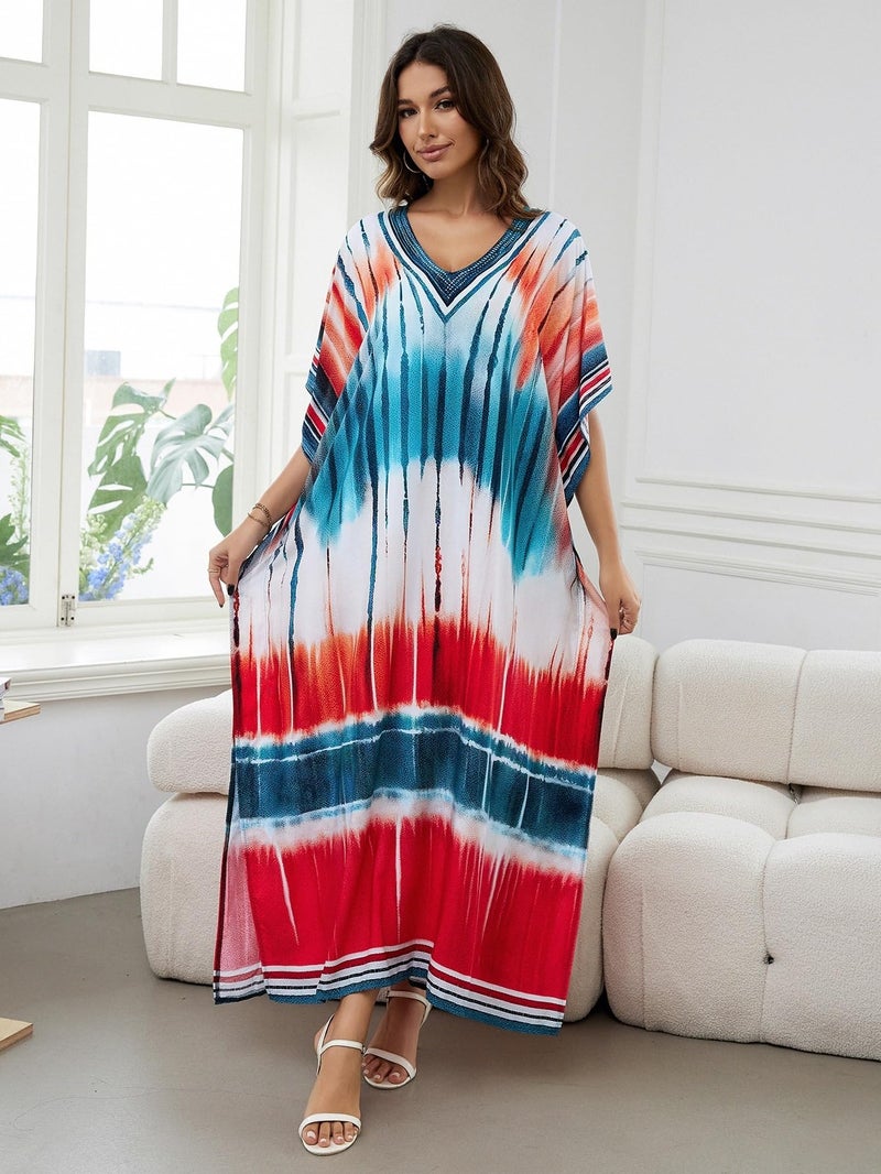 IMAGEKOPE Women's Plus Size Loose Fit Moroccan Print V-Neck Batwing Kaftan Beach Dress Bathing Suit Cover Up - Image 5