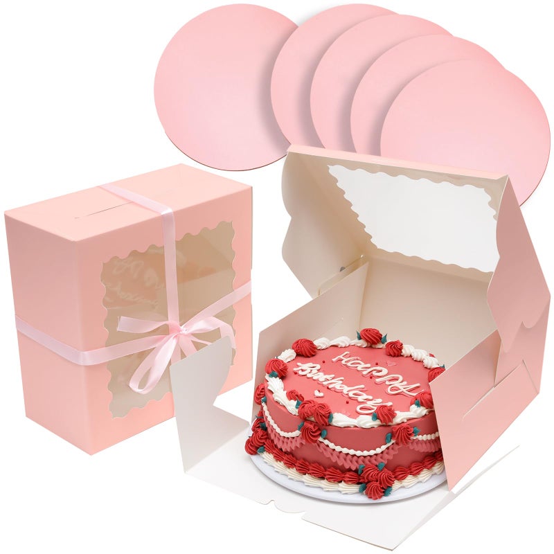 Bakepacker 8x8x5 Inches 36pcs Matte Pink Cake Boxes with Window 18-Packs (18 Boxes +18 Cake Boards Included) - Image 1
