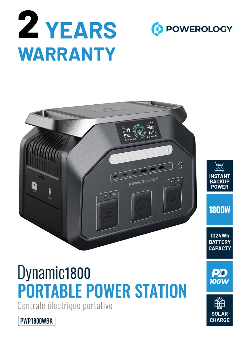 باورولوجي محطة طاقة محمولة بقدرة 1800 واط، مولد طاقة Dynamic1800 ببطارية ليثيوم أيون فوسفات الحديد بسعة 1024 واط/ساعة، مولد طاقة محمول للتخييم والاستخدام الخارجي، مولد طاقة شمسية، طاقة احتياطية فورية، شحن سريع خلال 1.2 ساعة - أسود - Image 1
