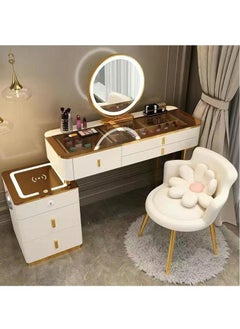 AWD Distinctive Modern Dressing Table Advanced Solid Wood Round Smart Mirror with Strong LED Lighting in three Color Modes Smart Side Table with Wireless Charging and a Comfort Chair. 