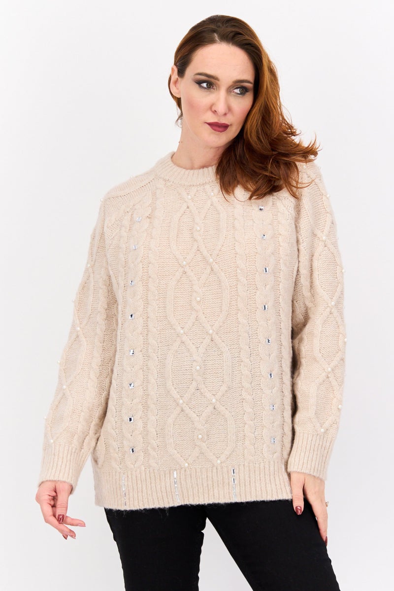 DEX سويت شيرت نسائي بأكمام طويلة وياقة دائرية، بيج - Image 1