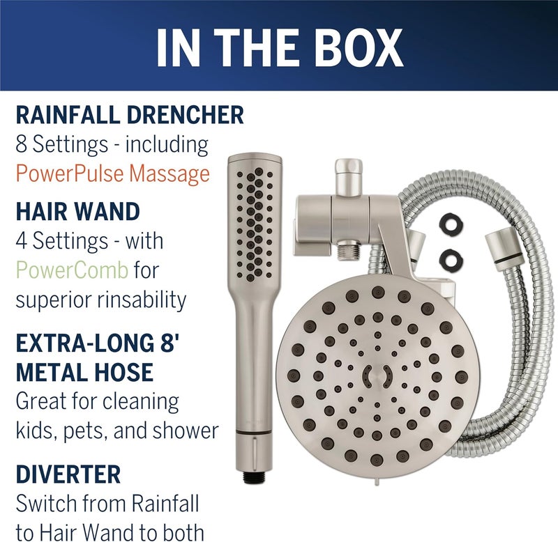 Waterpik High Pressure Pulsating Shower Wand and Rain Shower Head Combo with ExtraLong 8Foot Metal Hose HairWand Pulse Spa System 12 Spray Modes for Hair and Body Brushed Nickel - Image 4