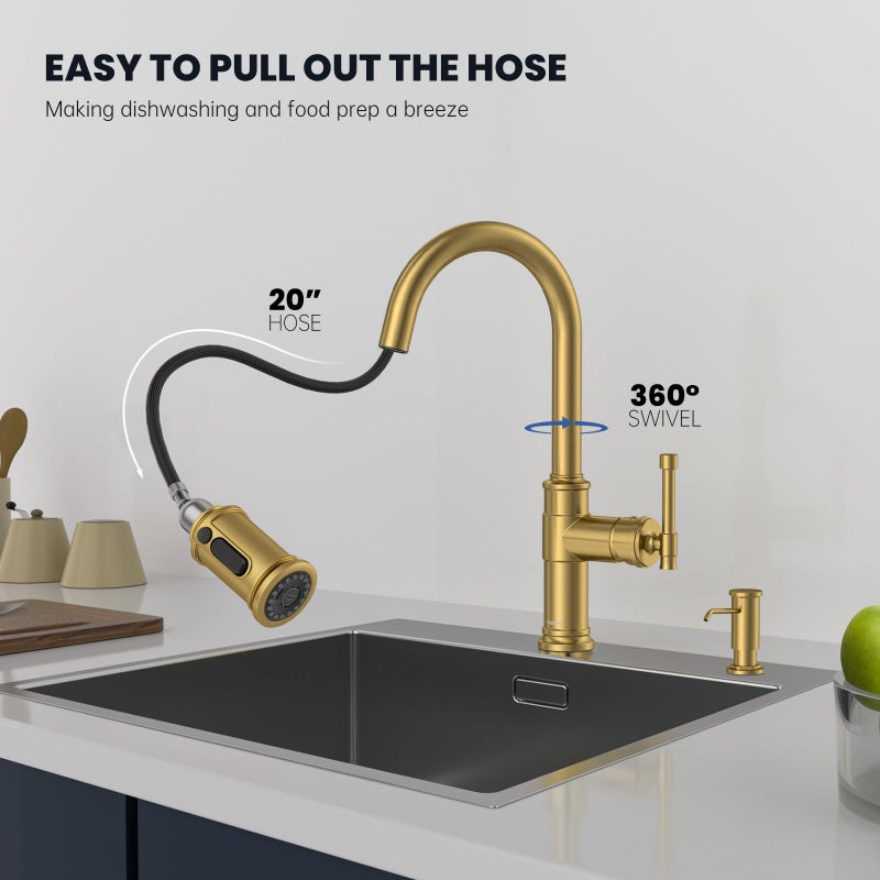 DAYONE Brushed Gold/Brass Pull Down Kitchen Faucet with 3-Mode Sprayer and Soap Dispenser, Single Handle High Arc Faucets for Kitchen Sink with Deck Plate, DAY-APS136-BTG - Image 3
