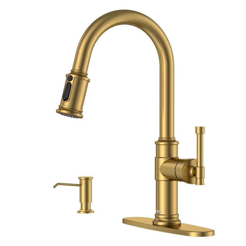 DAYONE Brushed Gold/Brass Pull Down Kitchen Faucet with 3-Mode Sprayer and Soap Dispenser, Single Handle High Arc Faucets for Kitchen Sink with Deck Plate, DAY-APS136-BTG - Image 1
