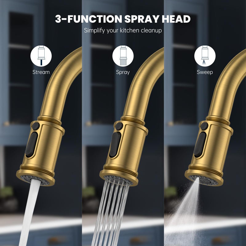 DAYONE Brushed Gold/Brass Pull Down Kitchen Faucet with 3-Mode Sprayer and Soap Dispenser, Single Handle High Arc Faucets for Kitchen Sink with Deck Plate, DAY-APS136-BTG - Image 4