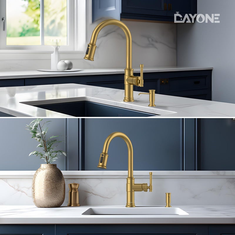 DAYONE Brushed Gold/Brass Pull Down Kitchen Faucet with 3-Mode Sprayer and Soap Dispenser, Single Handle High Arc Faucets for Kitchen Sink with Deck Plate, DAY-APS136-BTG - Image 2