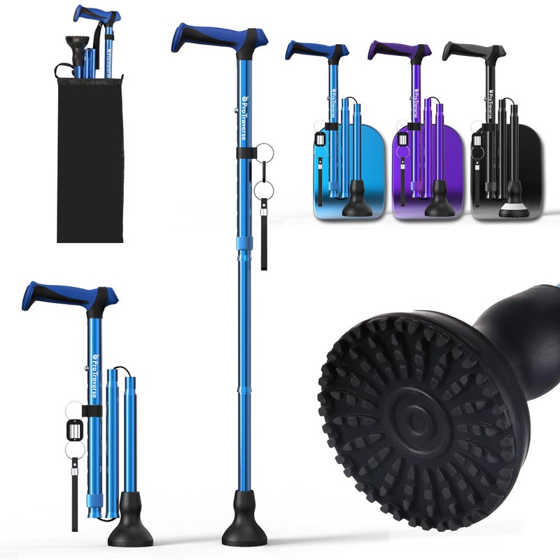 ProTraverse Walking Cane for Men & Women,Foldable,Adjustable,Self Standing Cane with Wrist Strap&Tag,350lbs Heavy Duty,All Terrain,Collapsible Walking Sticks for Seniors & Adults,Blue - Image 1