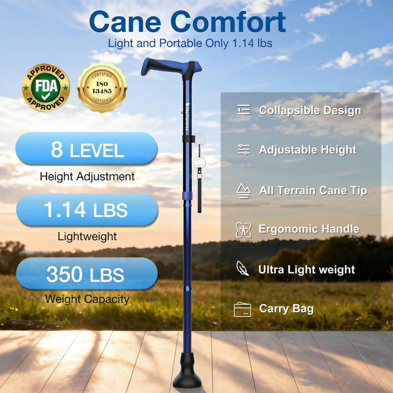 ProTraverse Walking Cane for Men & Women,Foldable,Adjustable,Self Standing Cane with Wrist Strap&Tag,350lbs Heavy Duty,All Terrain,Collapsible Walking Sticks for Seniors & Adults,Blue - Image 2