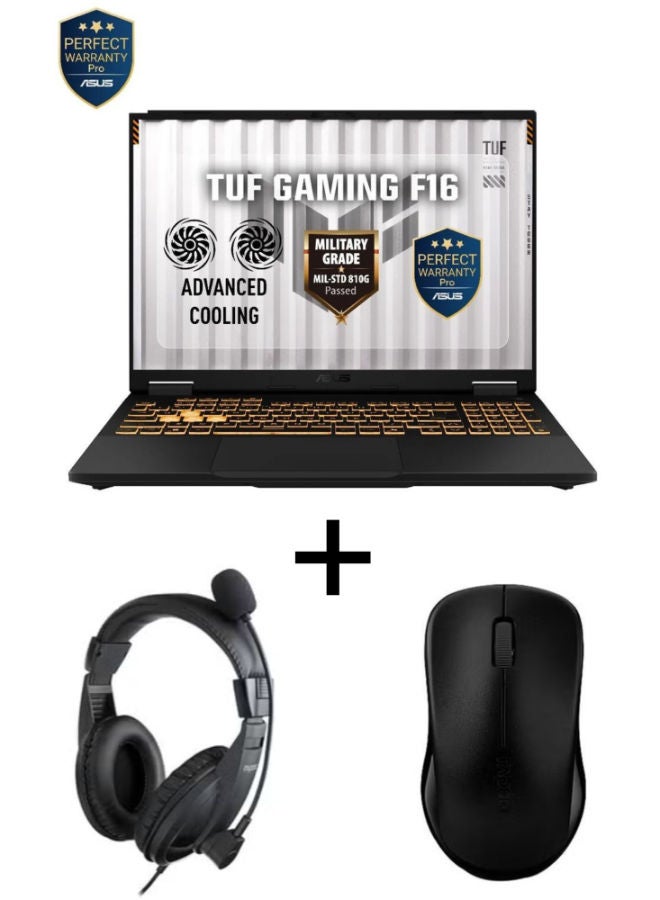 أسوس لابتوب TUF GAMING F16 FX608JMI-TU657W بشاشة 16 بوصة WUXGA / معالج Intel Core i7-14650HX / ذاكرة تخزين 16 جيجابايت / قرص SSD بسعة 512 جيجابايت / بطاقة رسومات NVIDIA GeForce RTX 5050 / سماعة رأس سلكية Rapoo USB مع ماوس لاسلكي Rapoo 1620 بتردد 2.4 جيجاهرتز جايجر غراي - Image 1