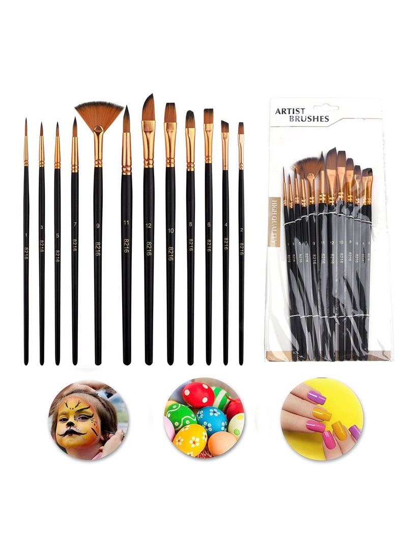 SYOSI Paint Brush Set 12 Pcs Nylon Oil Painting Brush Students' Watercolor Painting Pen Line Drawing Brush Wooden Handle Flat Paint Brushes for Kids Adults Drawing Arts Crafts Supplies  - Image 1