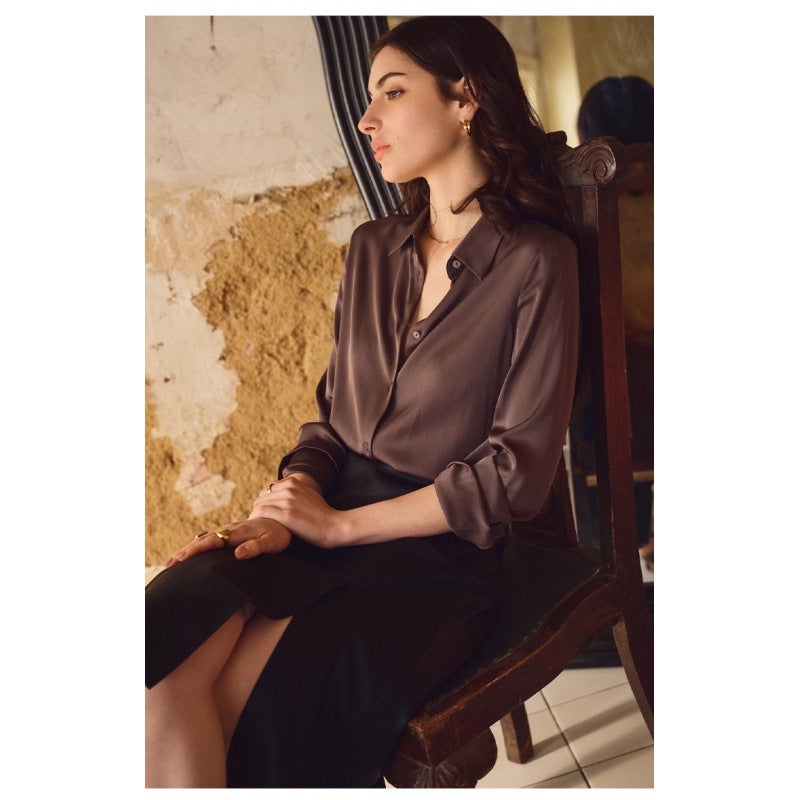Cross-border Preferred in stock 2024 Autumn Elegant High-end New Commuting Acetic Satin Long Sleeve Loose Shirt Women Dark brown