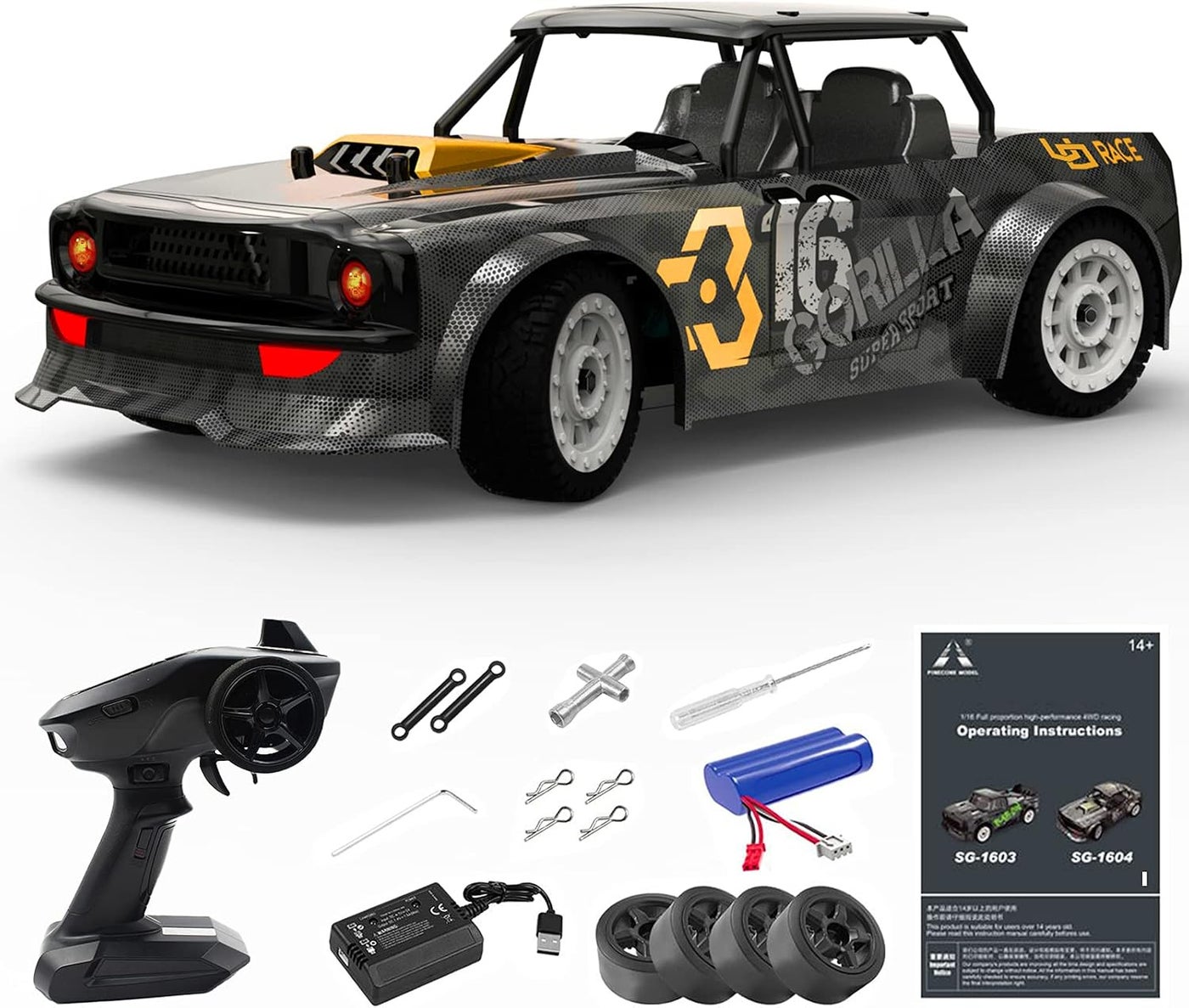 Remote Control Car, 1/16 Scale 30KM/H High Speed Fast RC Drift Car, 2.4Ghz Steering Control Full Scale Off-Road RC Car 4X4 Monster Truck Vehicle with Lights for Kids & Adults, Black