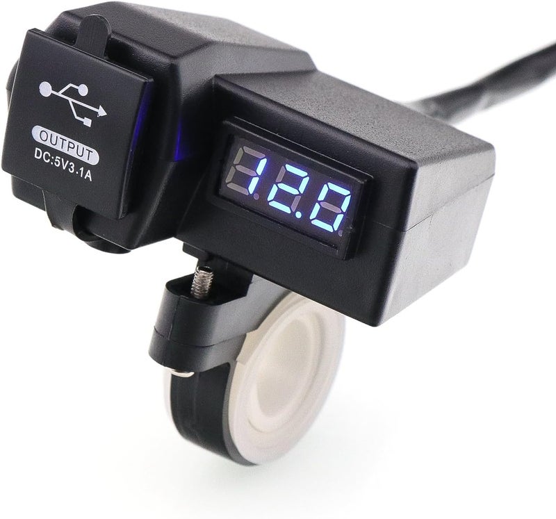 Timloon Waterproof Motorcycle 5V 3.1A Dual USB Charger & Blue Voltage Display Voltmeter for 7/8 and 1" Handlebar Mounting - Image 1