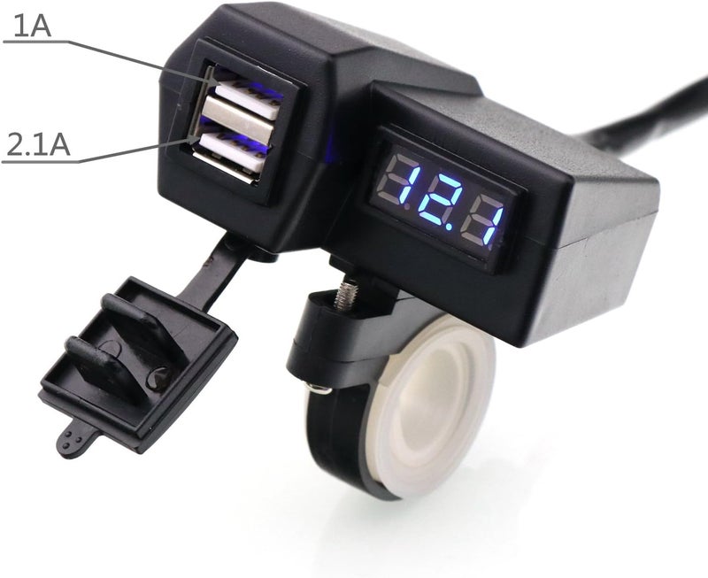 Timloon Waterproof Motorcycle 5V 3.1A Dual USB Charger & Blue Voltage Display Voltmeter for 7/8 and 1" Handlebar Mounting - Image 2