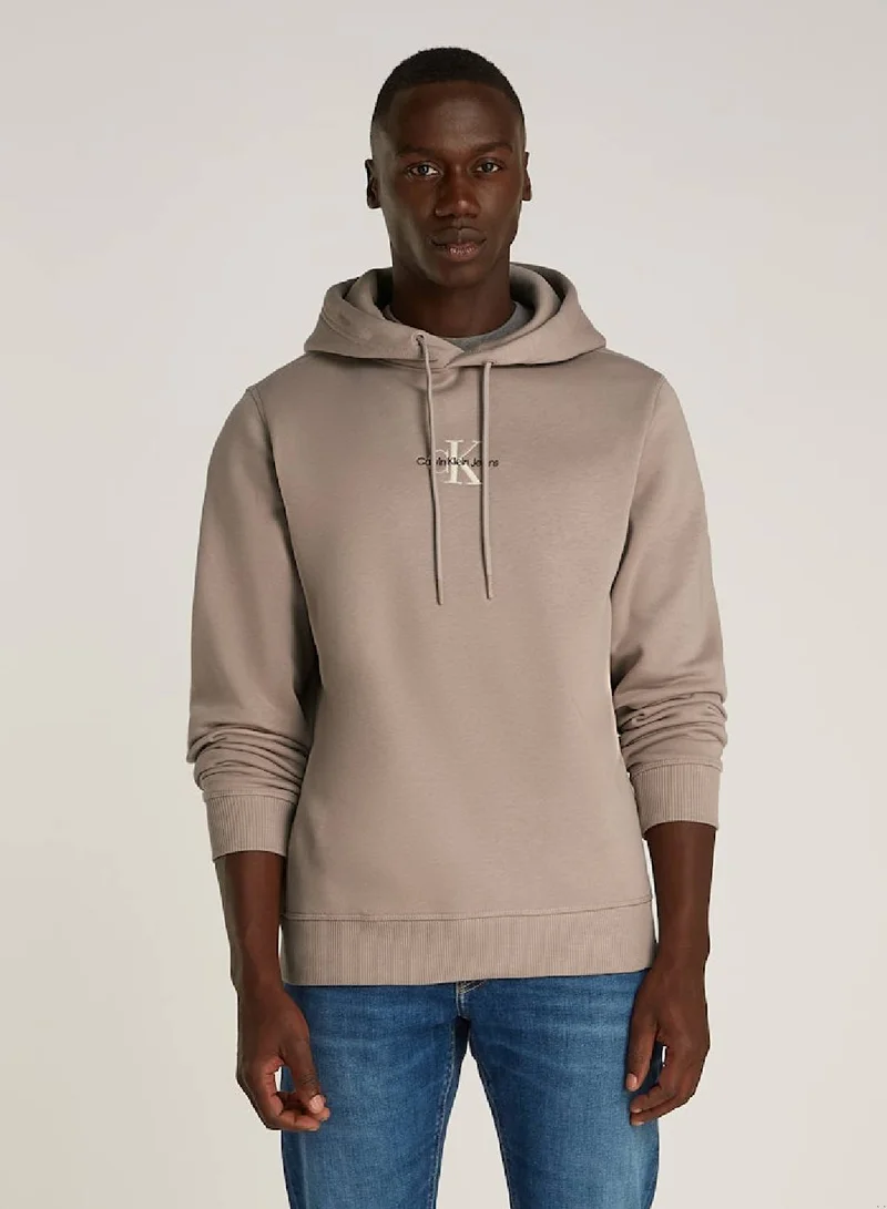 Calvin Klein Jeans Men's  Monologo Pullover Hoodie , Grey - Cotton Blend