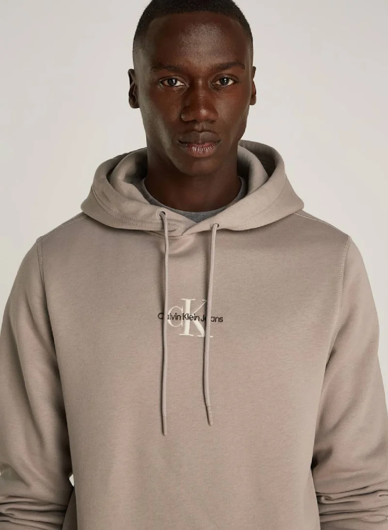 Calvin Klein Jeans Men's  Monologo Pullover Hoodie , Grey - Cotton Blend
