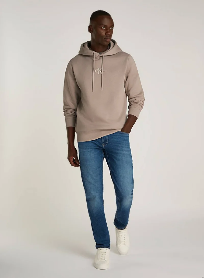 Calvin Klein Jeans Men's  Monologo Pullover Hoodie , Grey - Cotton Blend