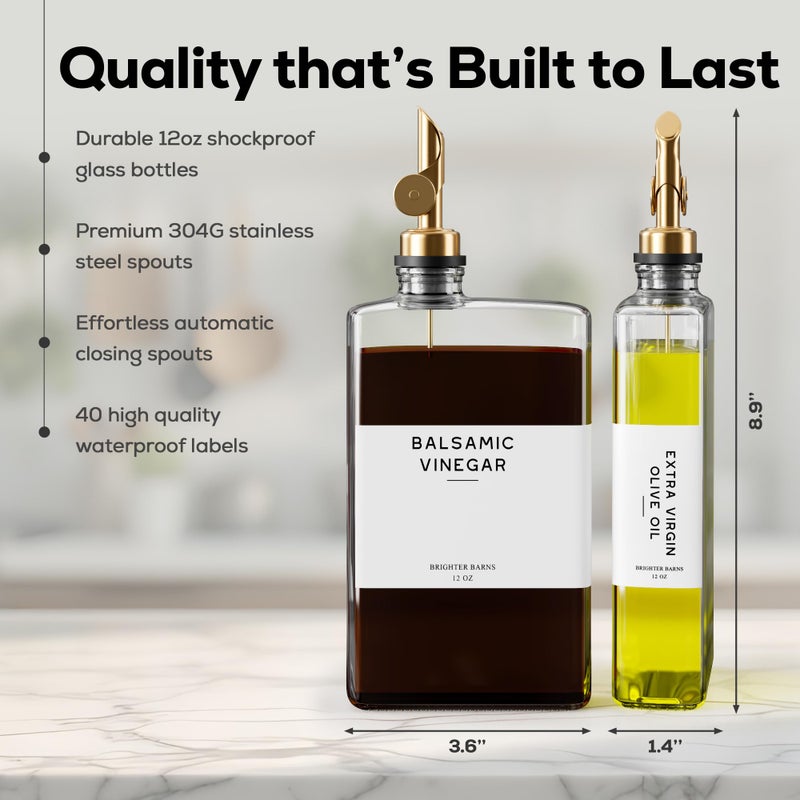 Brighter Barns Glass Olive Oil Dispenser Bottle for Kitchen by Brighter Barns - Coffee Syrup Dispenser, Oil and Vinegar Bottle - Modern Kitchen Essentials for Restaurants, Coffee Bar, Airbnb (Clear/Gold, Set of 2) - Image 3