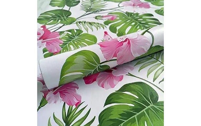 Infinity Decor Floral Peel & Stick Wallpaper | 45cm x 500cm Self Adhesive Waterproof Wall Stickers Roll for Bedroom, Living Room, Kitchen, Furniture & Office – Pink Green Leaves Design - Image 1