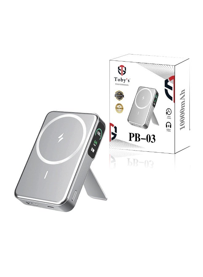 توبيز بنك طاقة توبيز PB-03 مغناطيسي لاسلكي 10000mAh شحن سريع 18-20 واط بمدخل تايب C وكابل مدمج ثلاثي المنافذ USB-A تايب C لاسلكي 15W مع حامل - Image 1
