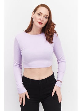 NA-KD Women Round Neck Long Sleeve Ribbed Top, Lavender  - Image 1