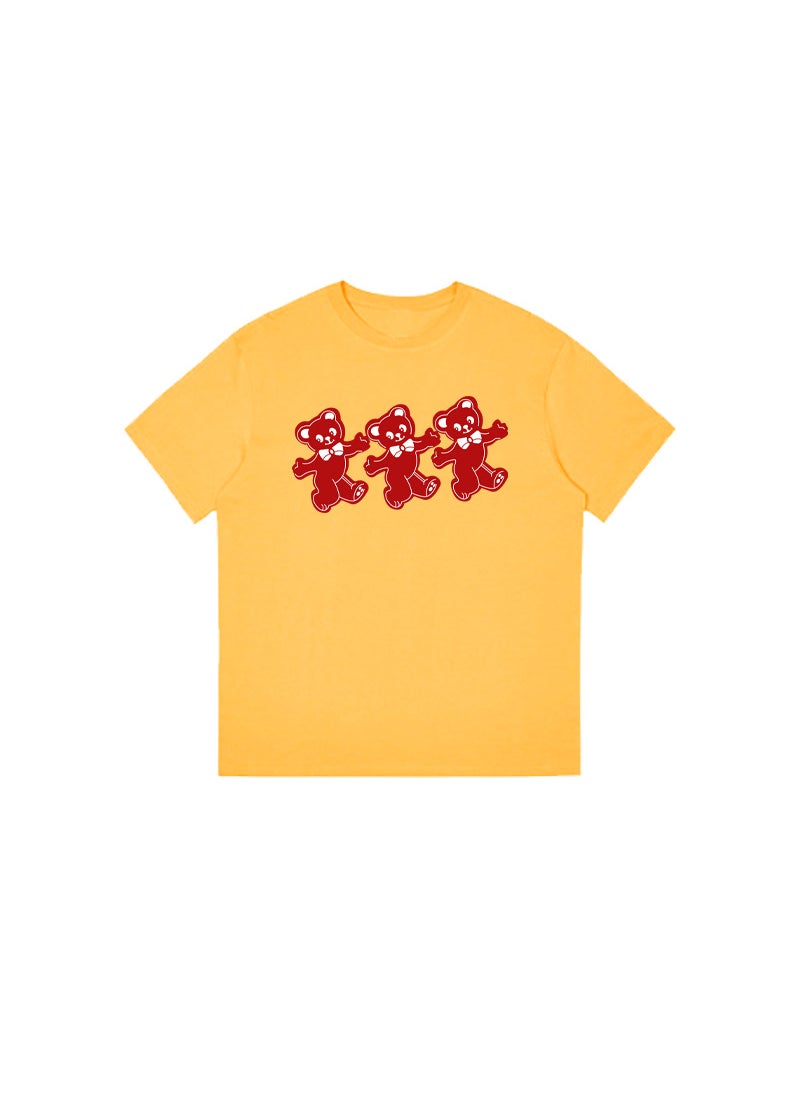 Generic - Summer 2023 Womens round Neck Short Sleeve T-shirt Pure Cotton Printed Casual Base Shirt Comfortable Loose Fit Anime Cartoon Design Yellow# Three Little Bears - Image 1