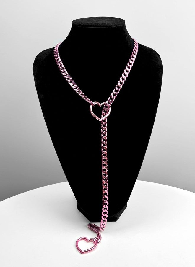 EverGlimp Womens Heart O-Ring Slip Chain Necklace, Hot Pink Punk Rock Stainless Steel Cuban Long Necklace Jewelry For Women, Adjustable Lariat Y-Necklace (Length 32'') - Image 2