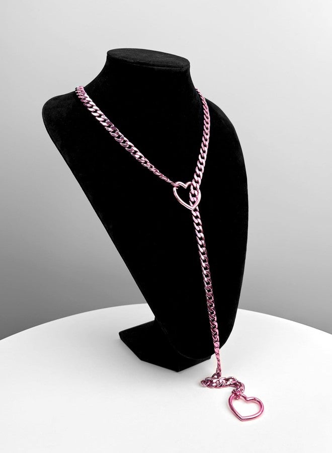 EverGlimp Womens Heart O-Ring Slip Chain Necklace, Hot Pink Punk Rock Stainless Steel Cuban Long Necklace Jewelry For Women, Adjustable Lariat Y-Necklace (Length 32'') - Image 3