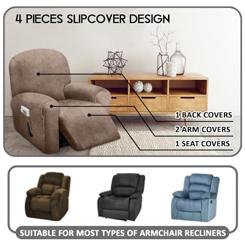 ULTICOR 4-Piece, 1 Seat Recliner Cover, Velvet Stretch Reclining Chair Covers for 1 Cushion Reclining Sofa, Single Seat Recliner Couch Cover, Thick, Very Soft, Machine Washable (Sand) - Image 2