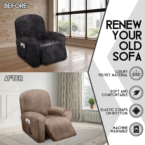 ULTICOR 4-Piece, 1 Seat Recliner Cover, Velvet Stretch Reclining Chair Covers for 1 Cushion Reclining Sofa, Single Seat Recliner Couch Cover, Thick, Very Soft, Machine Washable (Sand) - Image 5