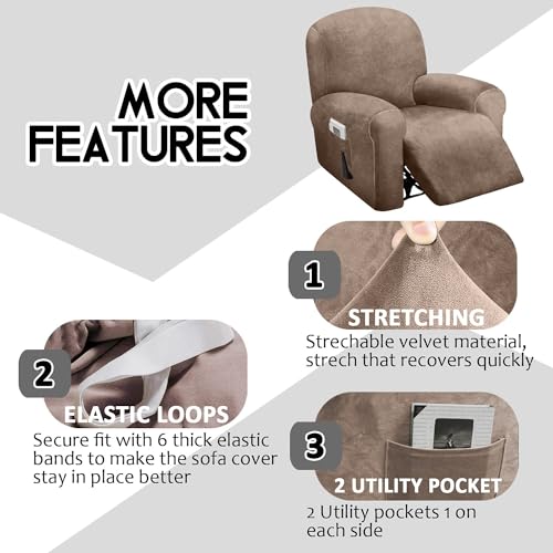 ULTICOR 4-Piece, 1 Seat Recliner Cover, Velvet Stretch Reclining Chair Covers for 1 Cushion Reclining Sofa, Single Seat Recliner Couch Cover, Thick, Very Soft, Machine Washable (Sand) - Image 4
