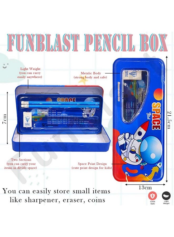 فنبلاست علبة أقلام معدنية بتصميم فضائي من فن بلاست مع قلم رصاص وممحاة ومبراة، مجموعة أدوات مكتبية - علبة أقلام مزدوجة الطبقات ومنظم أدوات مكتبية للأطفال والأولاد والبنات (فضاء) - Image 3