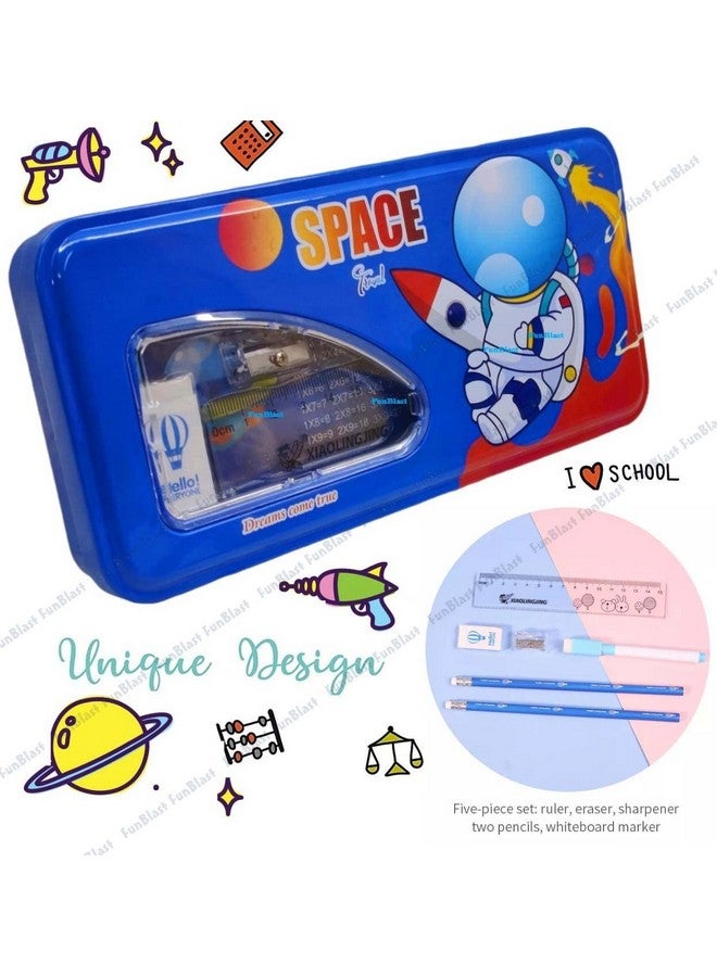 فنبلاست علبة أقلام معدنية بتصميم فضائي من فن بلاست مع قلم رصاص وممحاة ومبراة، مجموعة أدوات مكتبية - علبة أقلام مزدوجة الطبقات ومنظم أدوات مكتبية للأطفال والأولاد والبنات (فضاء) - Image 4