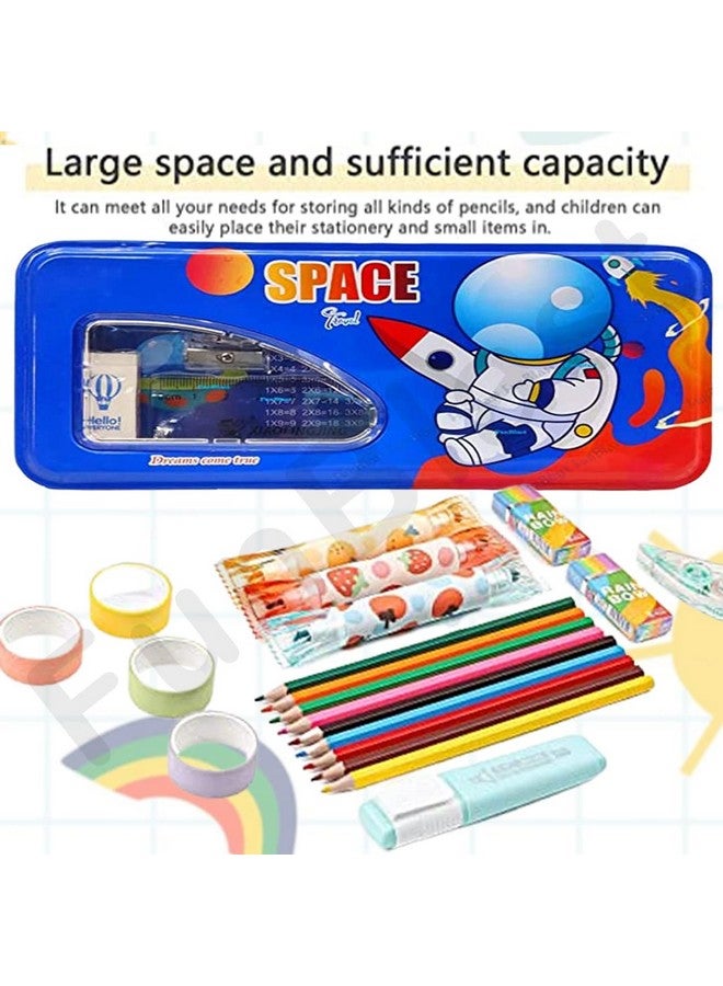 فنبلاست علبة أقلام معدنية بتصميم فضائي من فن بلاست مع قلم رصاص وممحاة ومبراة، مجموعة أدوات مكتبية - علبة أقلام مزدوجة الطبقات ومنظم أدوات مكتبية للأطفال والأولاد والبنات (فضاء) - Image 2