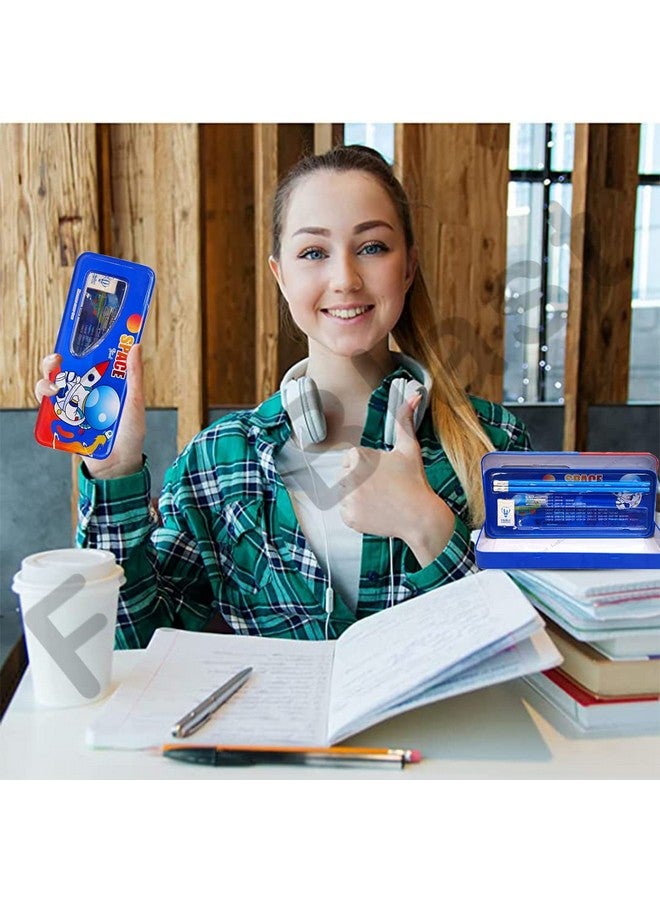 فنبلاست علبة أقلام معدنية بتصميم فضائي من فن بلاست مع قلم رصاص وممحاة ومبراة، مجموعة أدوات مكتبية - علبة أقلام مزدوجة الطبقات ومنظم أدوات مكتبية للأطفال والأولاد والبنات (فضاء) - Image 5