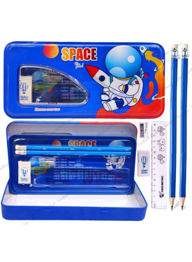 فنبلاست علبة أقلام معدنية بتصميم فضائي من فن بلاست مع قلم رصاص وممحاة ومبراة، مجموعة أدوات مكتبية - علبة أقلام مزدوجة الطبقات ومنظم أدوات مكتبية للأطفال والأولاد والبنات (فضاء) - Image 1