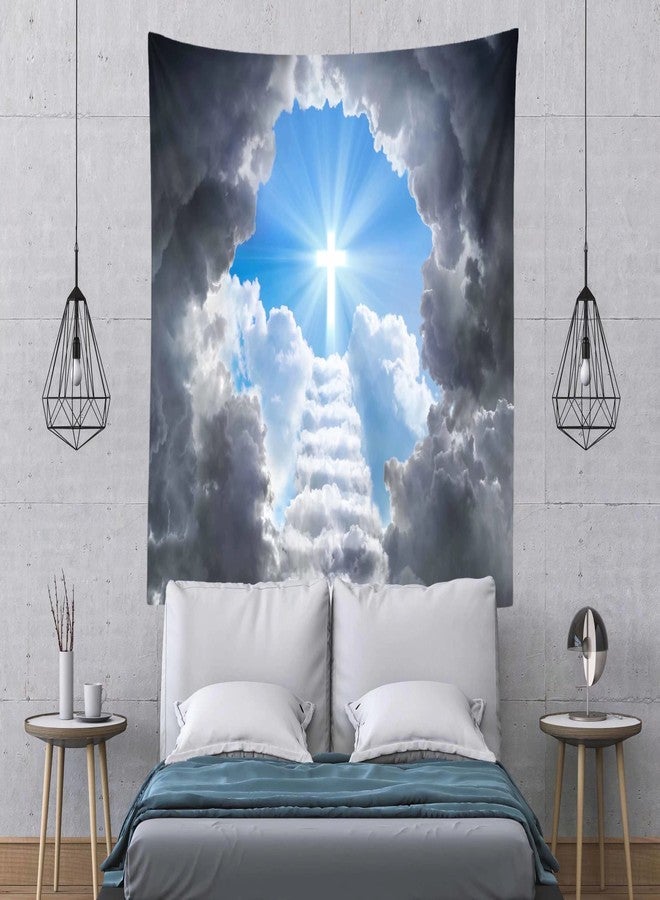 Loccor Cross Tapestry Stairway to Heaven Tapestry Wall Hanging Heaven Clouds Holy Jesus Cross Wall Hanging Religous Church Decor Home Bedroom,Living Room Artistic Decor 80''x60'' - Image 4