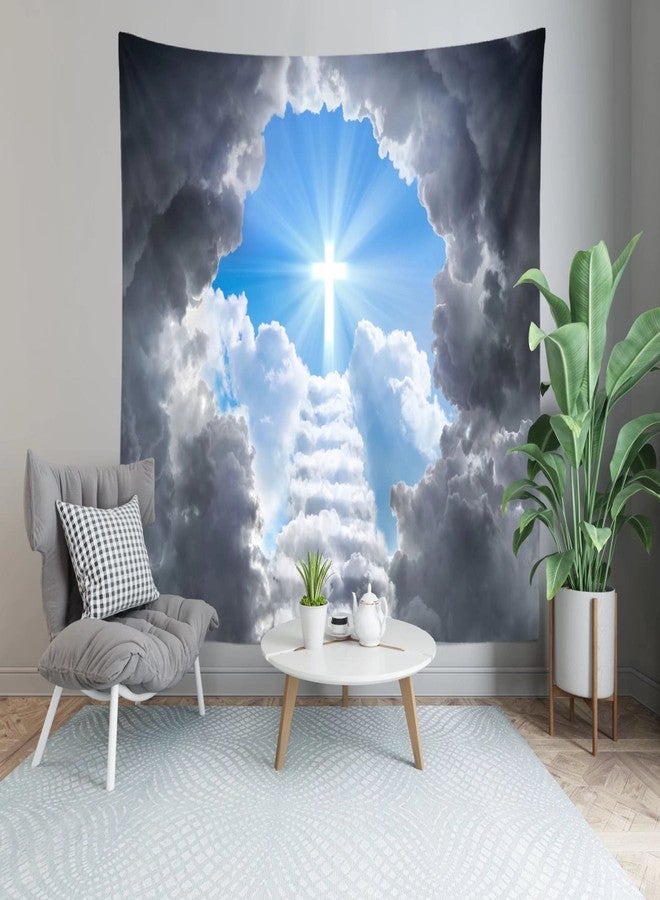 Loccor Cross Tapestry Stairway to Heaven Tapestry Wall Hanging Heaven Clouds Holy Jesus Cross Wall Hanging Religous Church Decor Home Bedroom,Living Room Artistic Decor 80''x60'' - Image 5