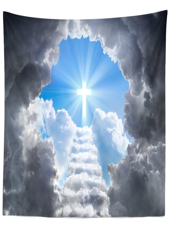 Loccor Cross Tapestry Stairway to Heaven Tapestry Wall Hanging Heaven Clouds Holy Jesus Cross Wall Hanging Religous Church Decor Home Bedroom,Living Room Artistic Decor 80''x60'' - Image 1