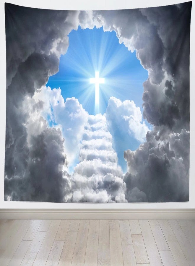 Loccor Cross Tapestry Stairway to Heaven Tapestry Wall Hanging Heaven Clouds Holy Jesus Cross Wall Hanging Religous Church Decor Home Bedroom,Living Room Artistic Decor 80''x60'' - Image 2