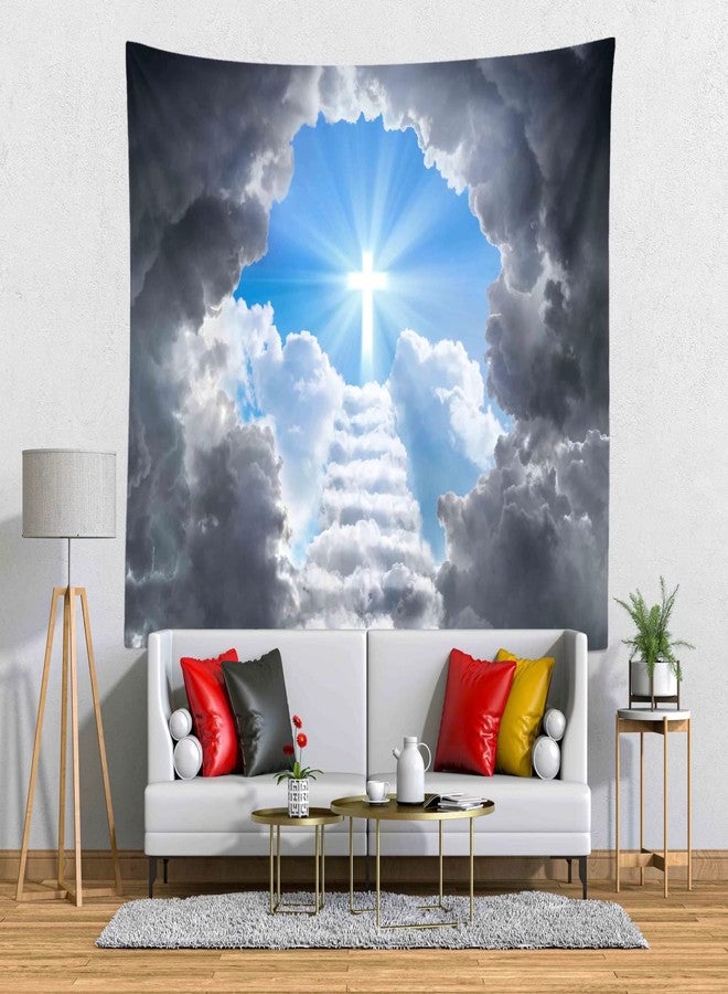 Loccor Cross Tapestry Stairway to Heaven Tapestry Wall Hanging Heaven Clouds Holy Jesus Cross Wall Hanging Religous Church Decor Home Bedroom,Living Room Artistic Decor 80''x60'' - Image 3