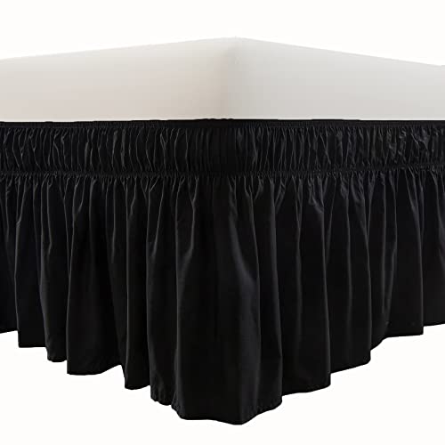 MEILA Wrap Around Bed Skirt Three Fabric Sides Elastic Dust Ruffled 24 Inch Tailored DropEasy to Install Fade ResistantBlack QueenKing
